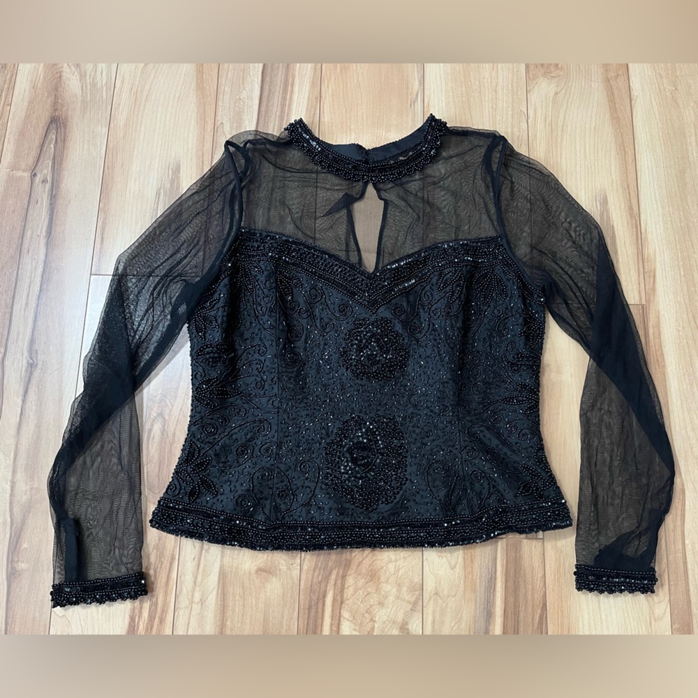 Adrianna Papell Sz 12 Black Silk Beaded Sequin Top Long Sleeve‎ Formal Party